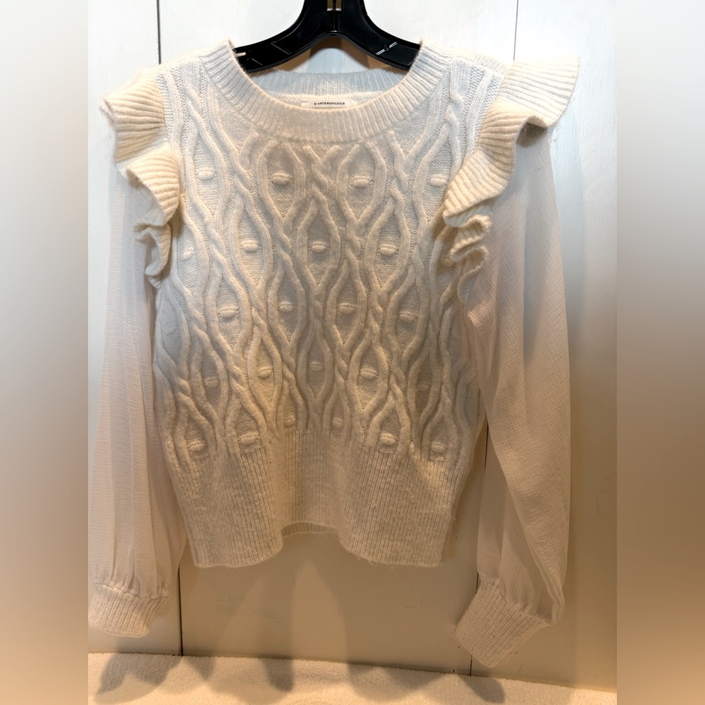 Anthropologie Cream Cable-Knit Sweater - Ruffle Shoulders & Sheer Sleeves